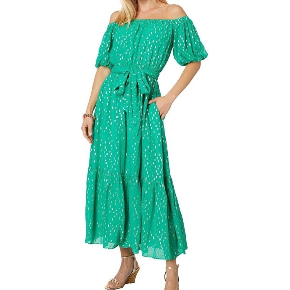 Lilly Pulitzer Green Gold Metallic Dot Off Shoulder Midi Dress Puff Sleeve M yy